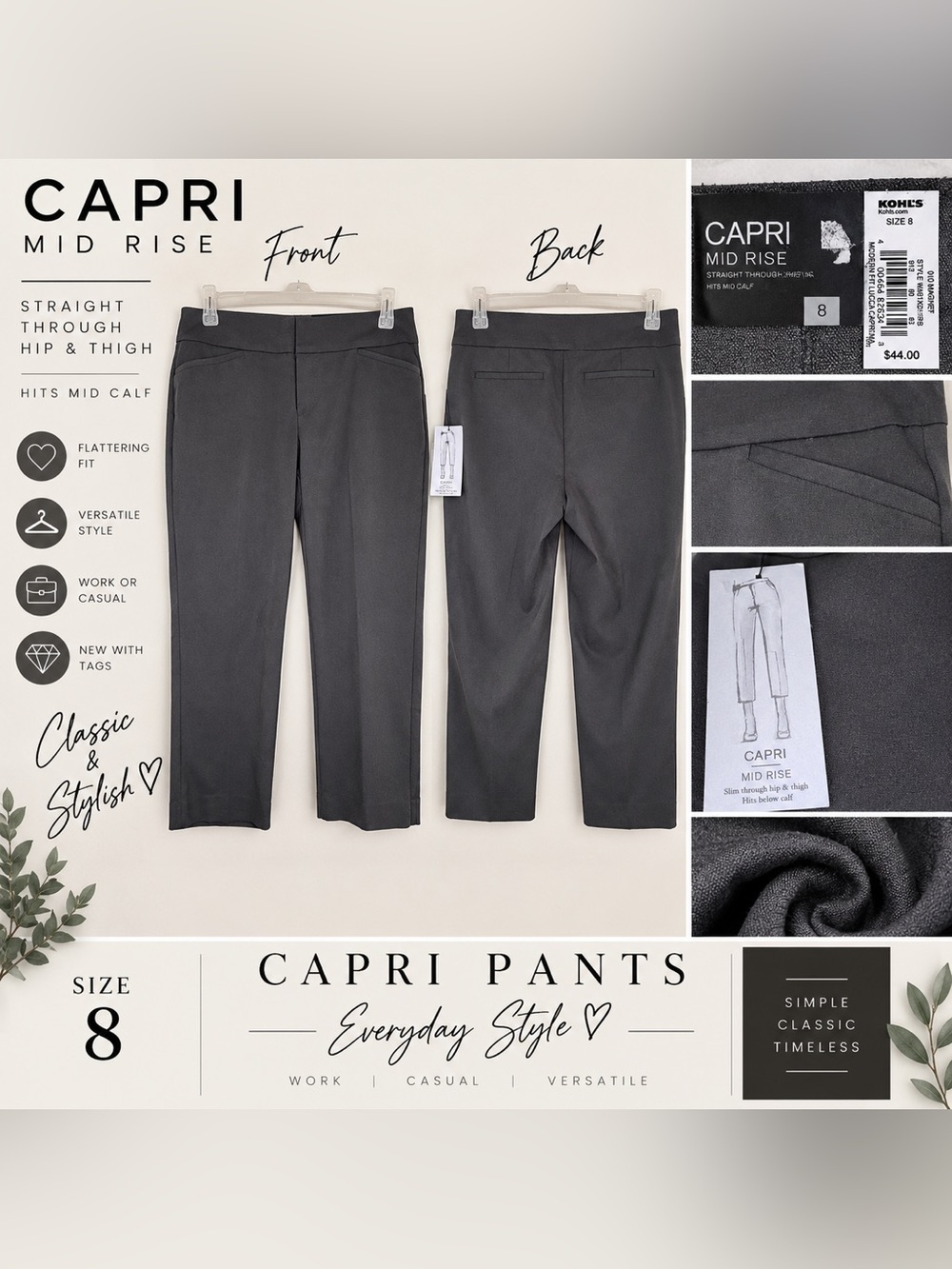 Kohl's Capri Mid Rise Women’s Dress Pants in Charcoal